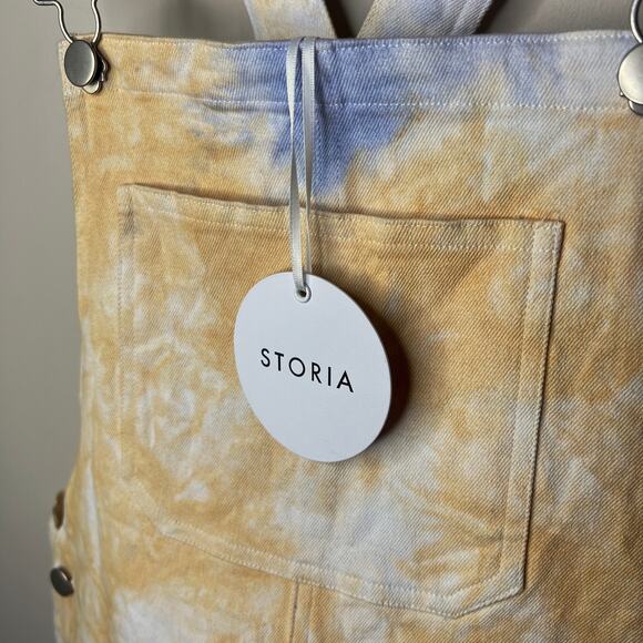 Storia NEW w/ Tags Tie Dye Yellow‎ Blue White Overall Pinafore Mini Dress Medium - Picture 3 of 9